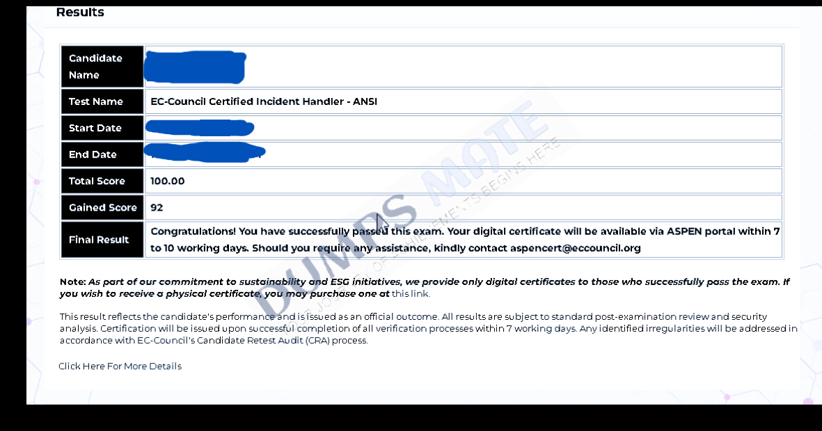 Successful EC Council Certified Incident Handler (ECIH v3) exam result 1