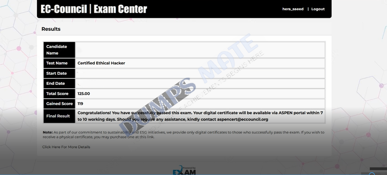 Successful Certified Ethical Hacker Exam (CEHv13) exam result 1