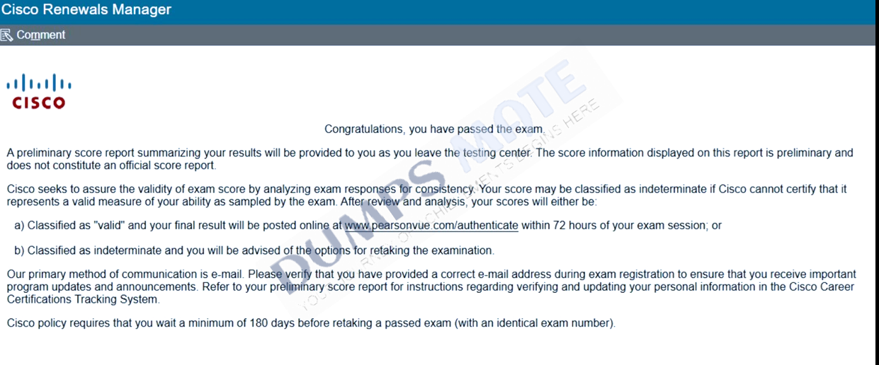 Successful Cisco Renewals Manager (700-805 CRM) exam result 1