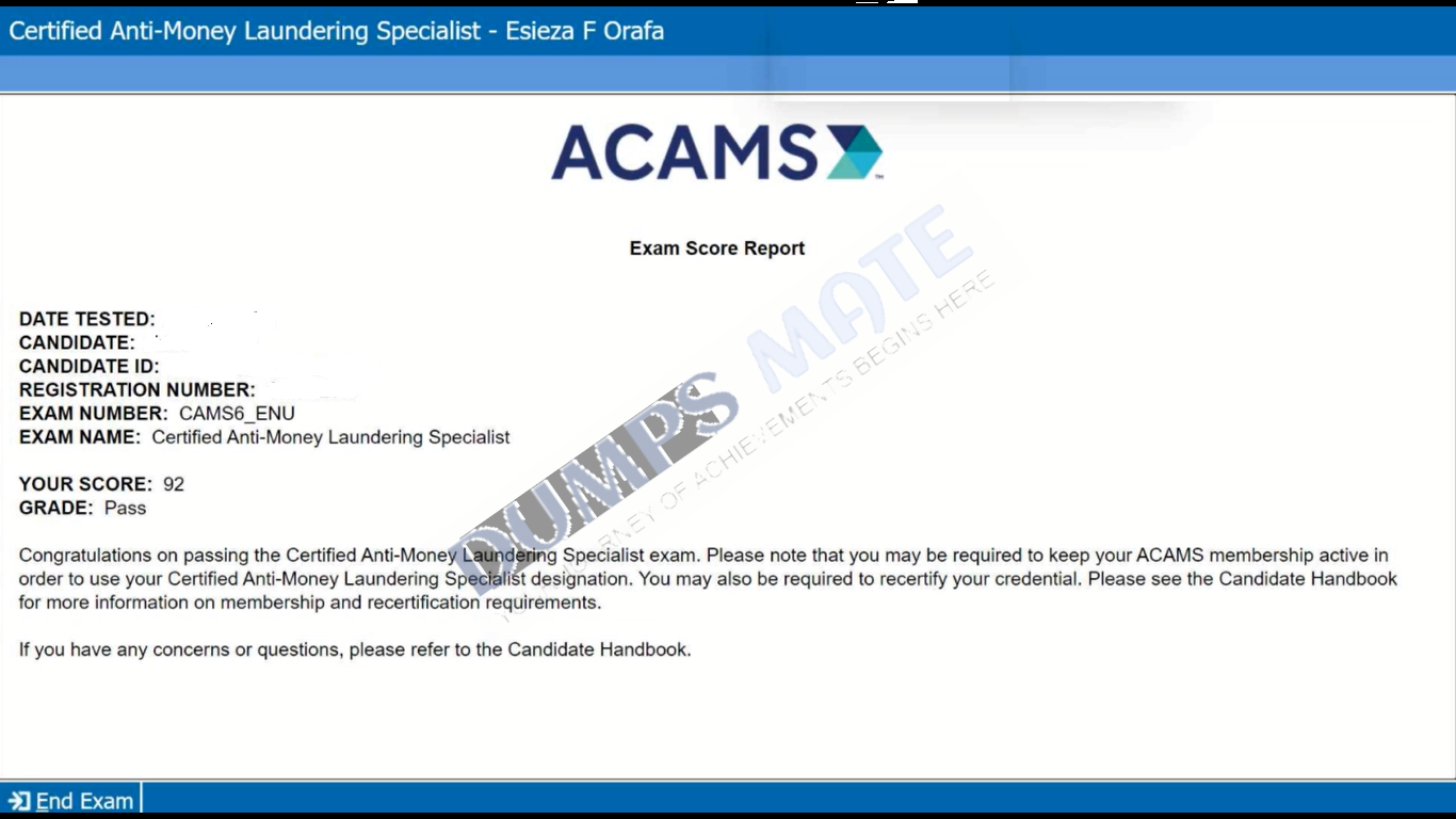 Successful Certified Anti-Money Laundering Specialist (CAMS7 the 7th edition) exam result 1