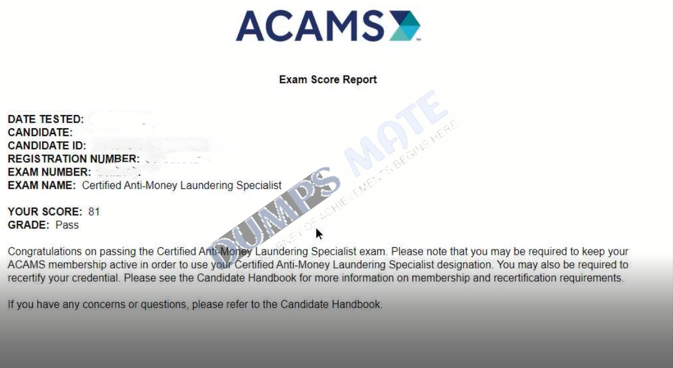 Successful Certified Anti-Money Laundering Specialist (CAMS7 the 7th edition) exam result 2