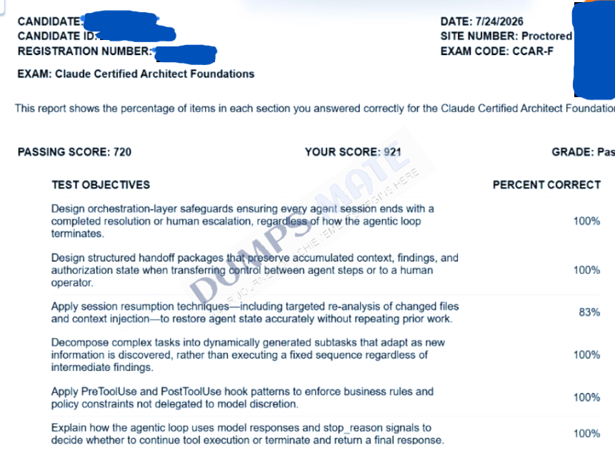 Successful Claude Certified Architect – Foundations exam result 1