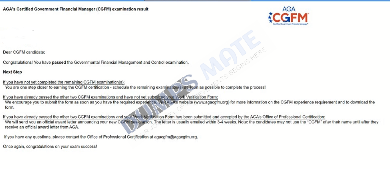 Successful CGFM Certified Government Financial Manager exam result 1