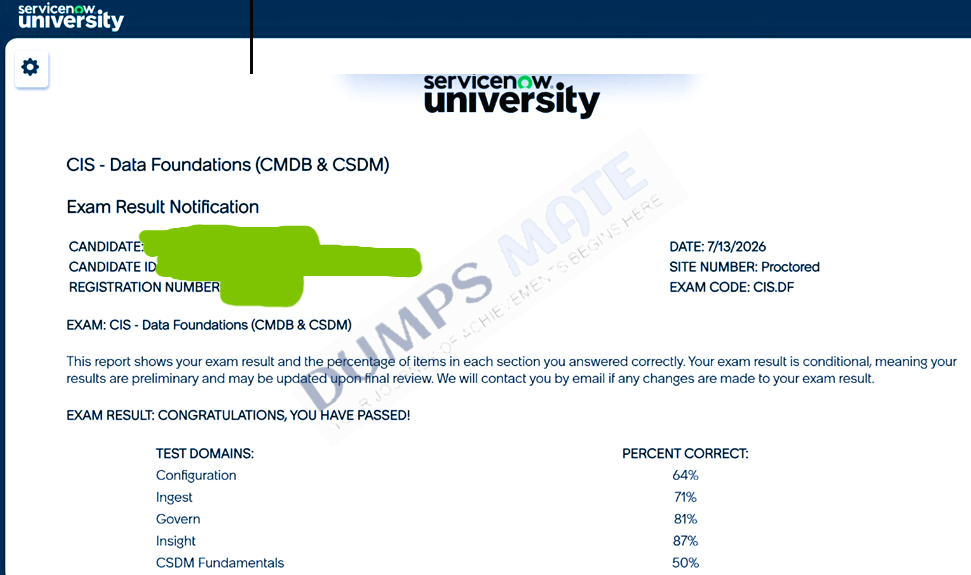 Successful Certified Implementation Specialist - Data Foundations (CMDB and CSDM) exam result 1