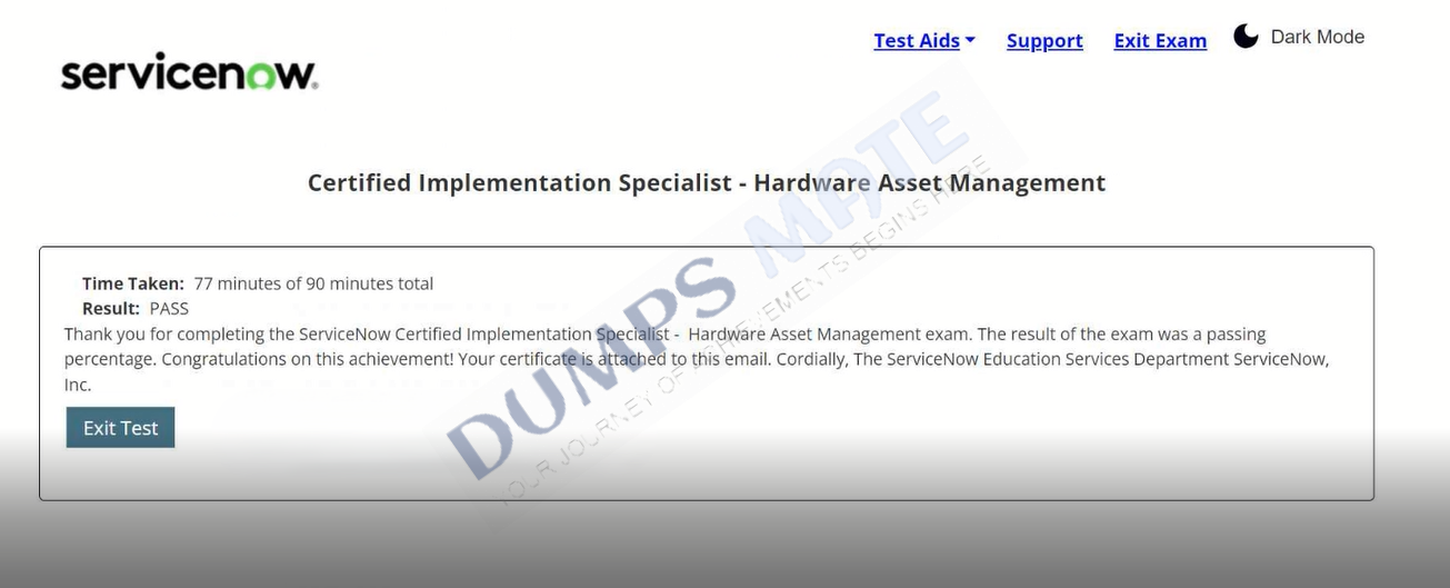 Successful Certified Implementation Specialist - Hardware Asset Management exam result 1