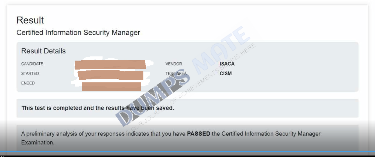 Successful Certified Information Security Manager exam result 1