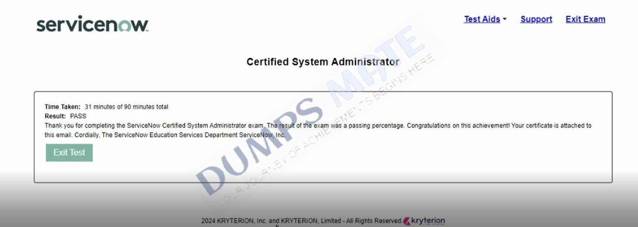 Successful ServiceNow Certified System Administrator exam result 1