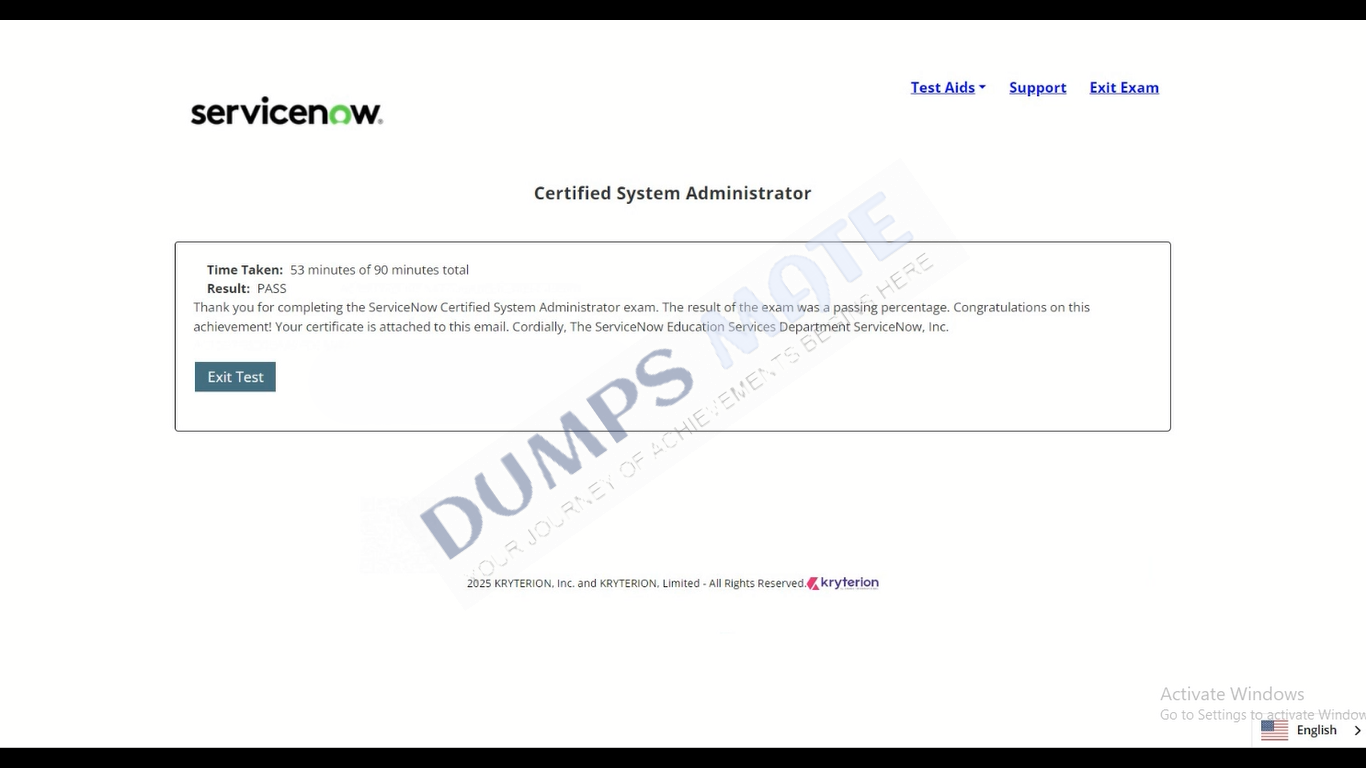 Successful ServiceNow Certified System Administrator exam result 2