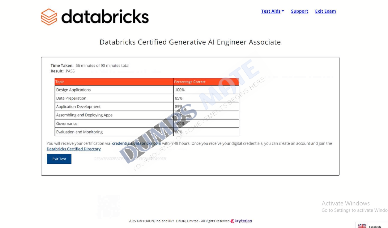 Successful Databricks Certified Generative AI Engineer Associate exam result 1