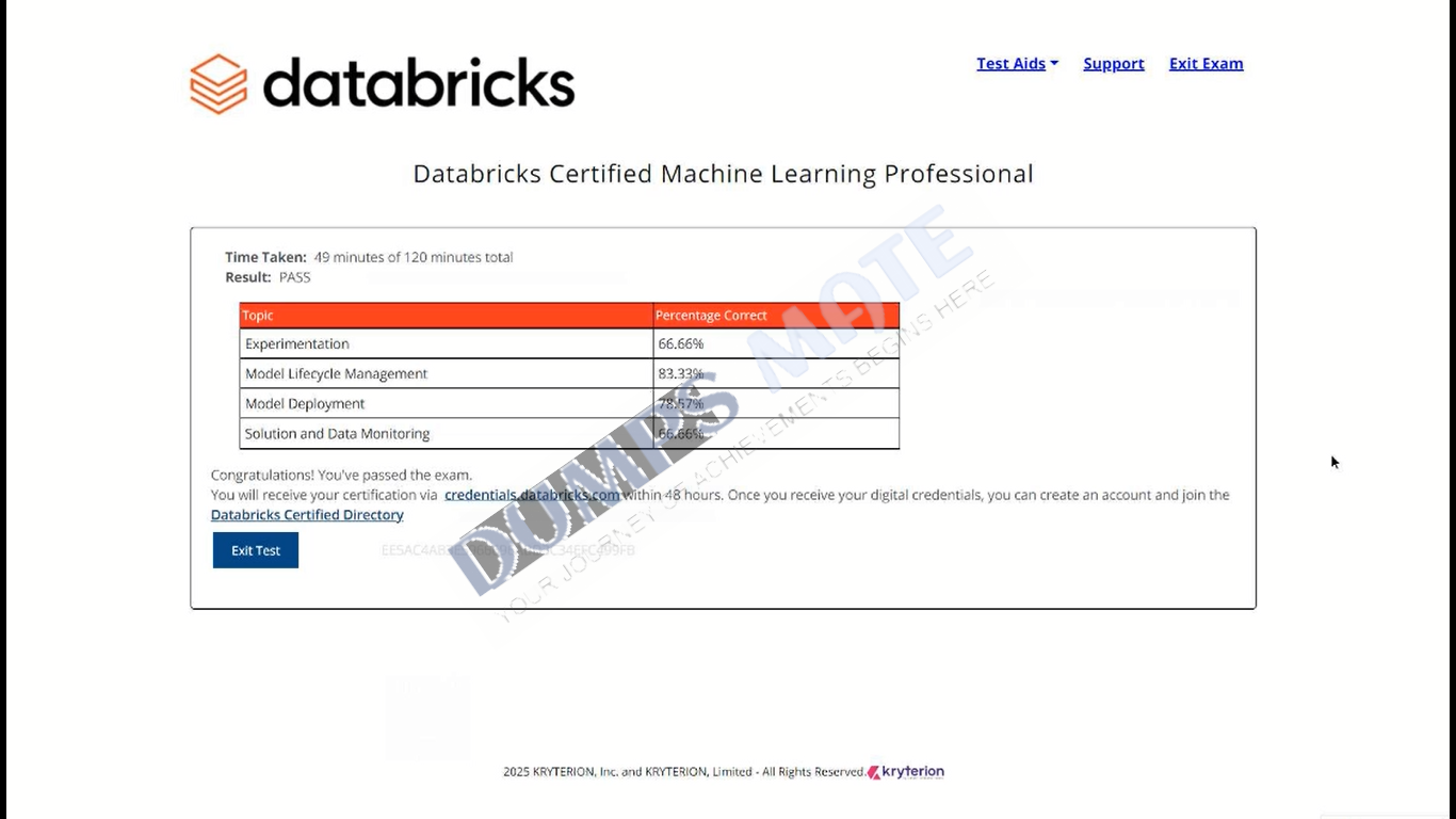 Successful Databricks Certified Machine Learning Professional exam result 1