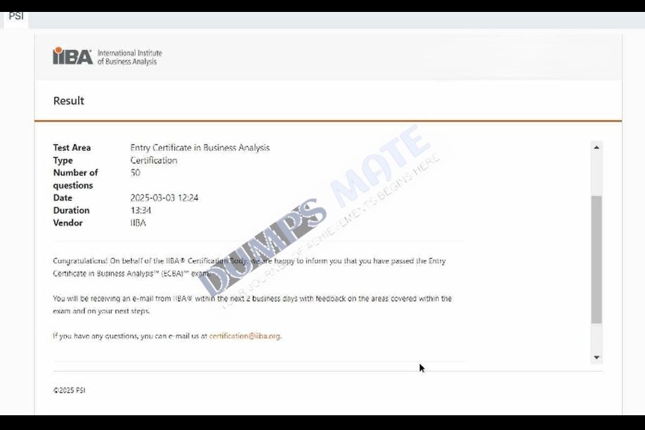 Successful Entry Certificate in Business Analysis (ECBA) exam result 1