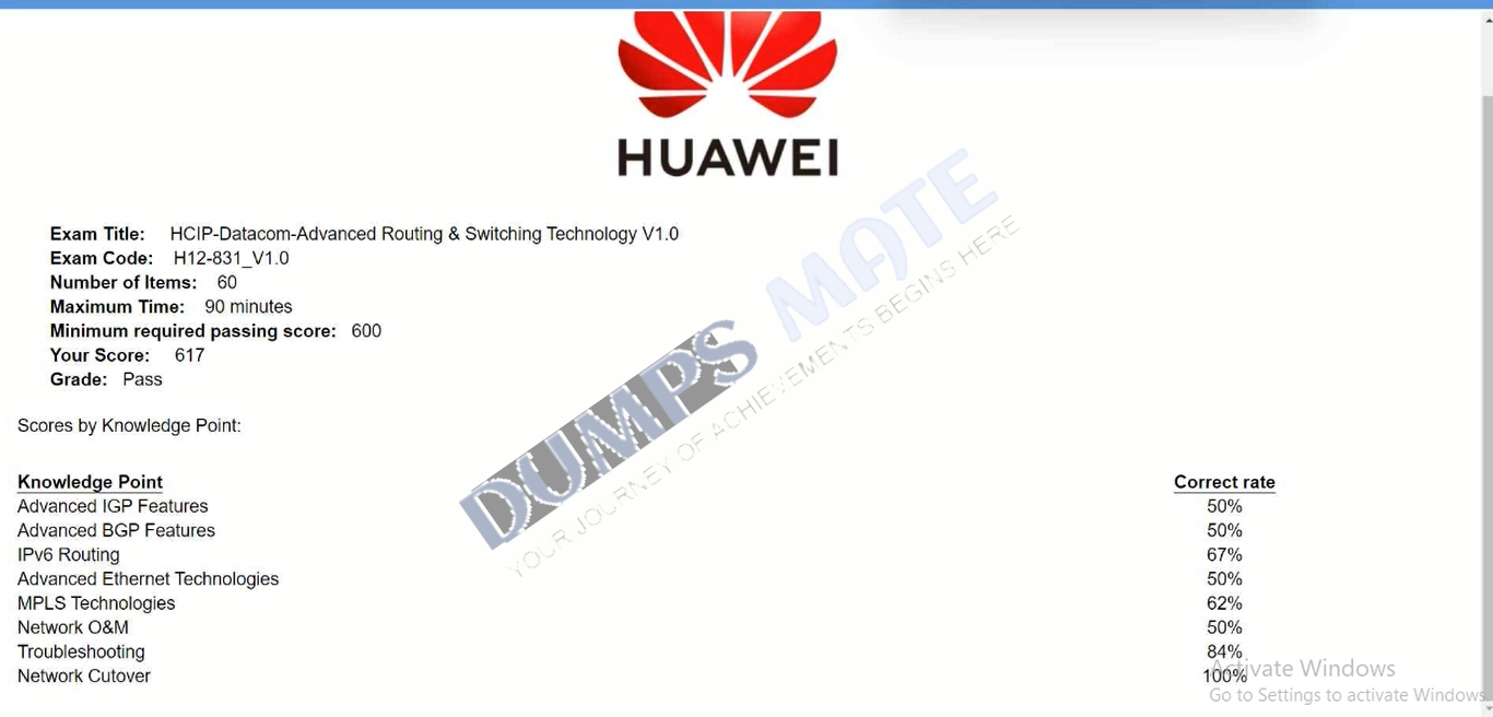 Successful HCIP-Datacom-Advanced Routing & Switching Technology V1.0 exam result 1