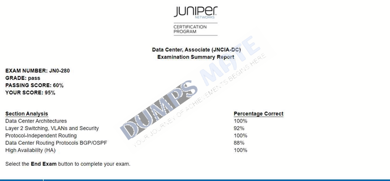 Successful Data Center, Associate (JNCIA-DC) exam result 1