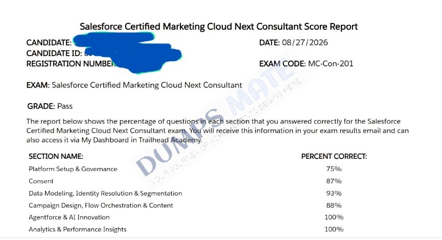 Successful Salesforce Certified Marketing Cloud Next Consultant exam result 1