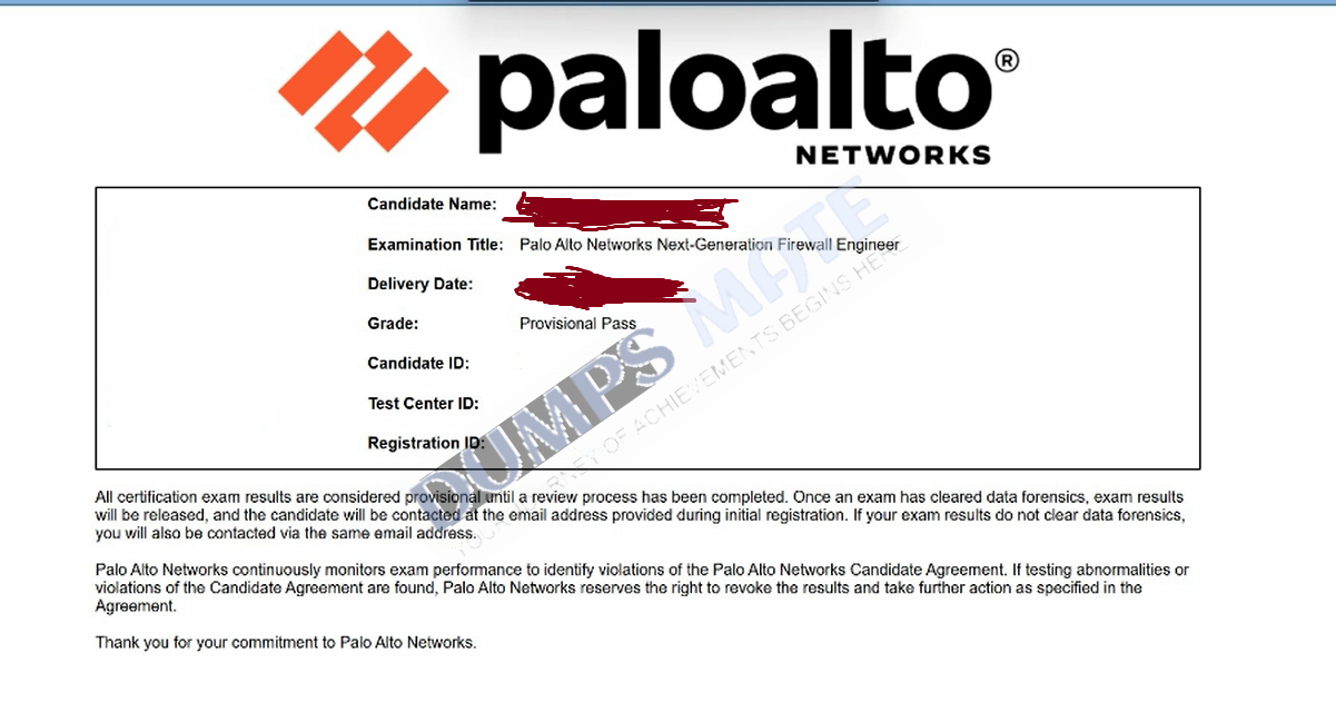 Successful Palo Alto Networks Next-Generation Firewall Engineer exam result 1