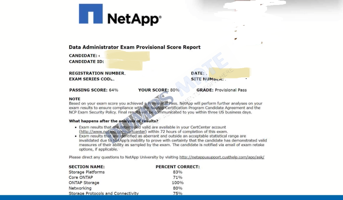 Successful NetApp Certified Data Administrator (ONTAP) exam result 1
