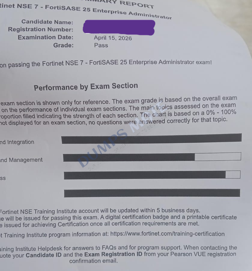 Successful Fortinet NSE 7 - FortiSASE 25 Enterprise Administrator exam result 3