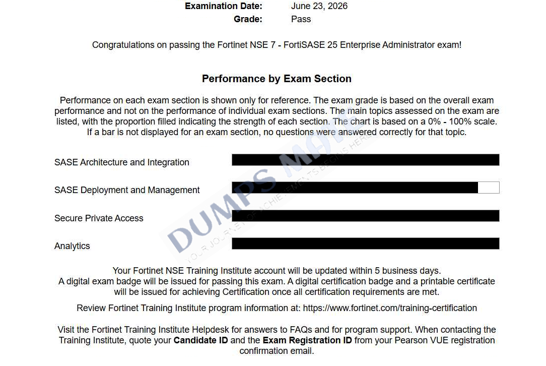 Successful Fortinet NSE 7 - FortiSASE 25 Enterprise Administrator exam result 2