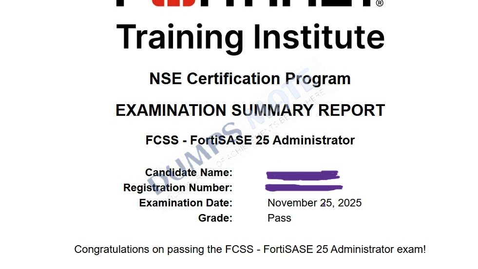 Successful Fortinet NSE 7 - FortiSASE 25 Enterprise Administrator exam result 1