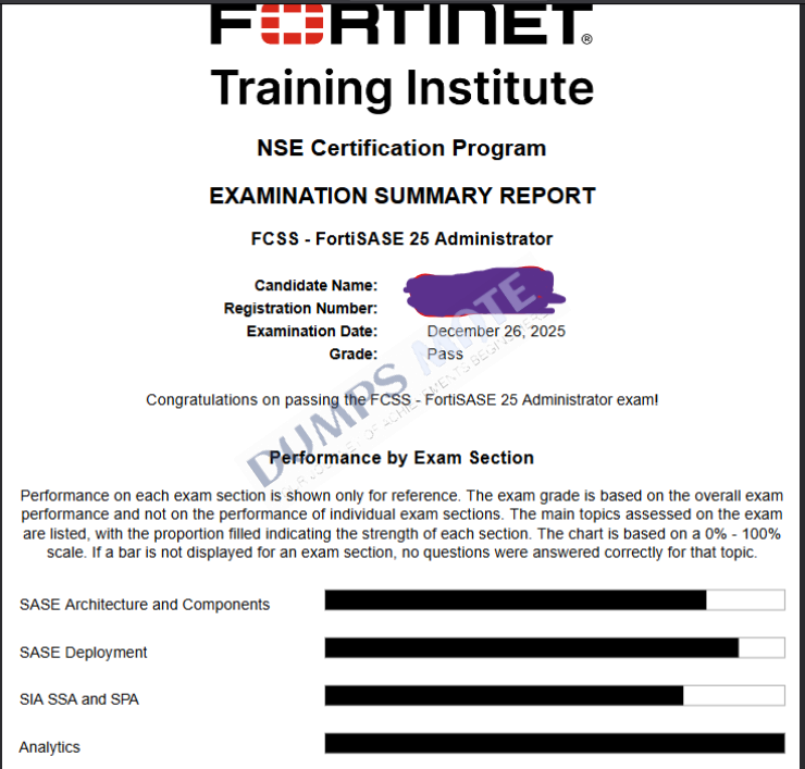 Successful Fortinet NSE 7 - FortiSASE 25 Enterprise Administrator exam result 5