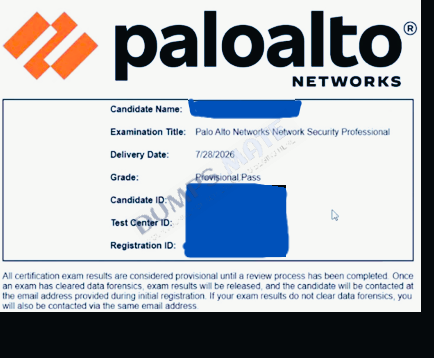 Successful Palo Alto Networks Network Security Professional exam result 1