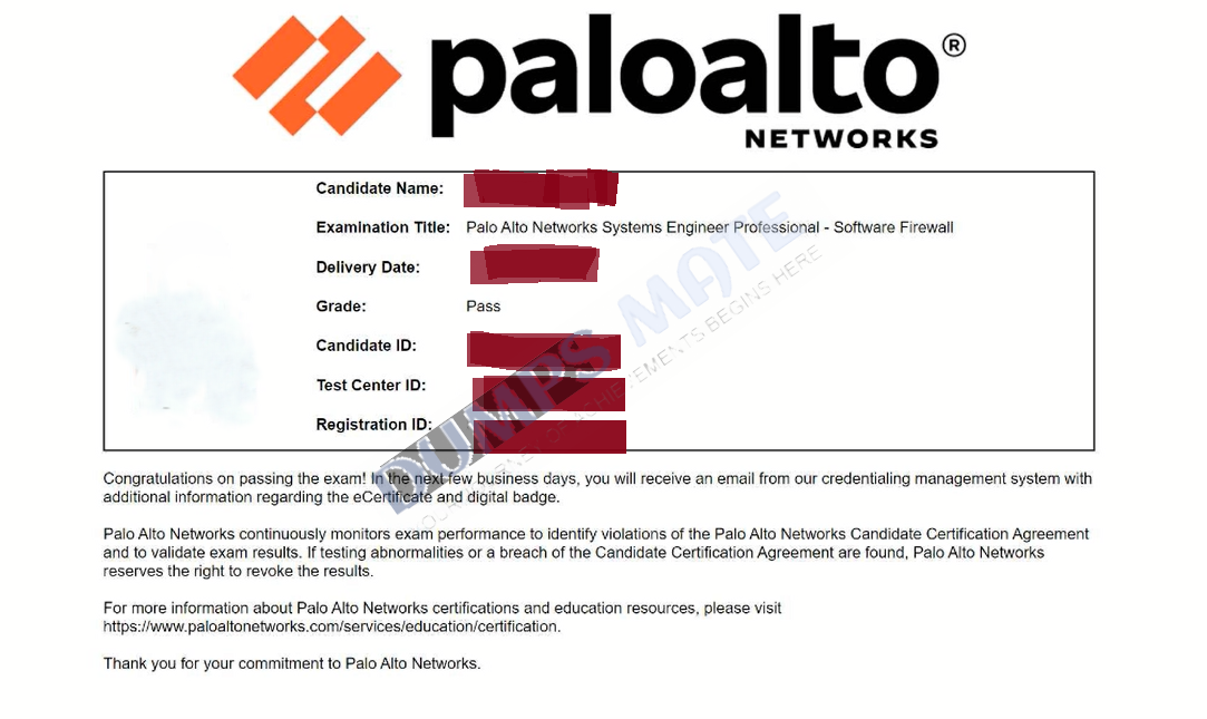 Successful Palo Alto Networks Systems Engineer Professional - Software Firewall exam result 1