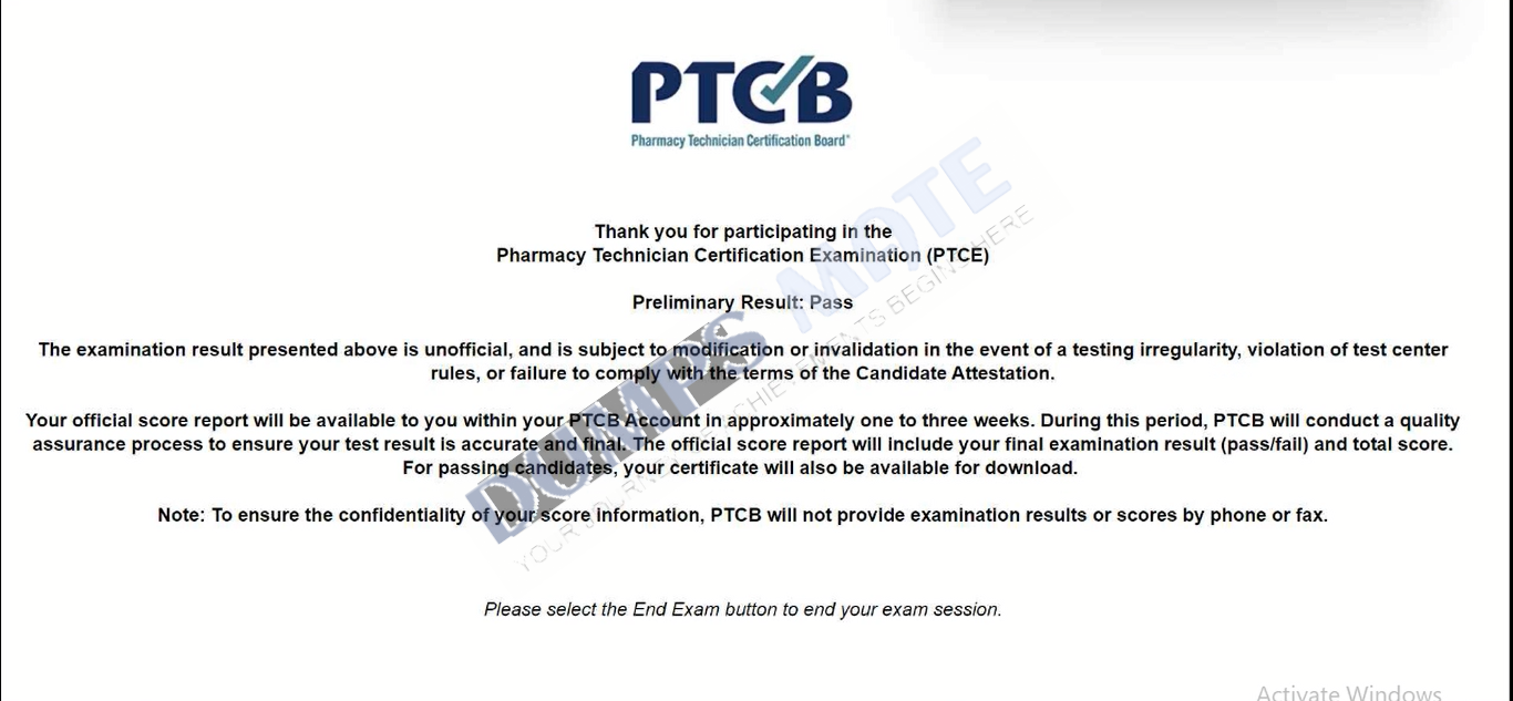 Successful Pharmacy Technician Certification (CPhT) Exam exam result 1